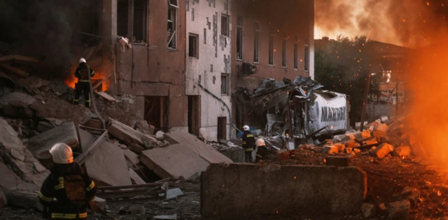 Los bomberos apagan el fuego tras un bombardeo ruso a la ciudad ucraniana de Mykolaiv de 
