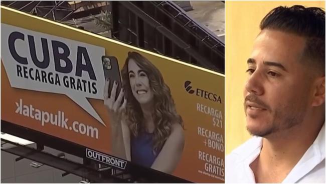 Valla retirada con publicidad para ETECSA y el activista cubano José Alberto García.