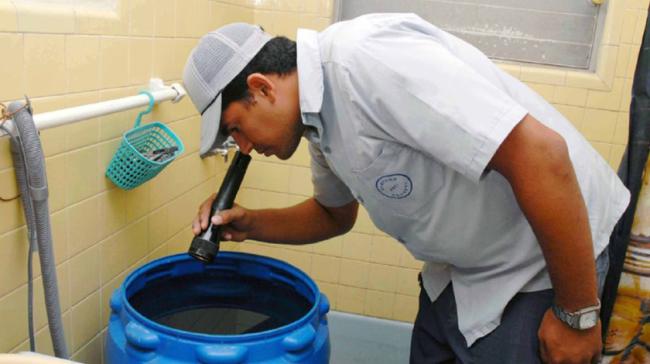 Un inspector sanitario busca larvas de mosquito en un depósito de agua.