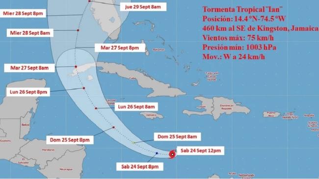 Cono de trayectoria de la tormenta tropical Ian en su recorrido al sur de Cuba.