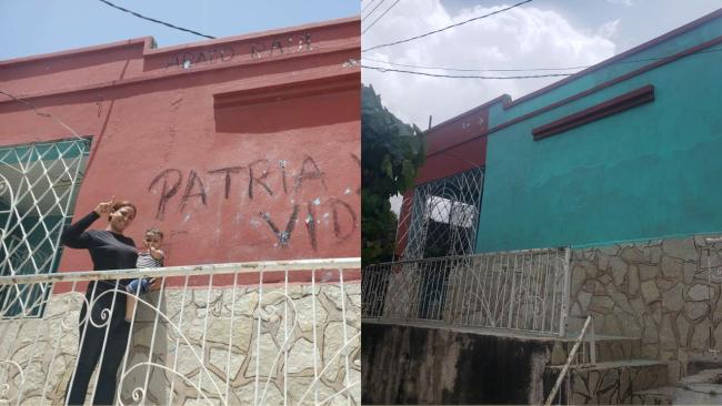 La Seguridad del Estado aprovecha el arresto de Ortega Tamayo para tapar con pintura un cartel de 'Patria y Vida' en su vivienda.