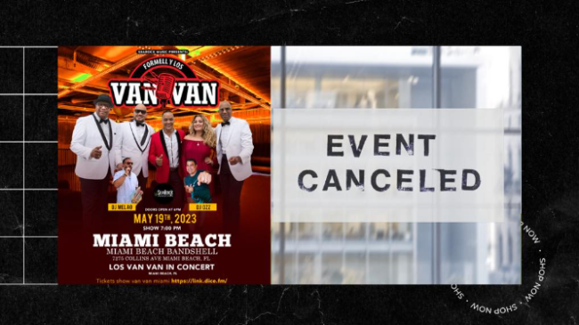 Cartel que anunció la suspensión del concierto de Los Van Van en Miami Beach.