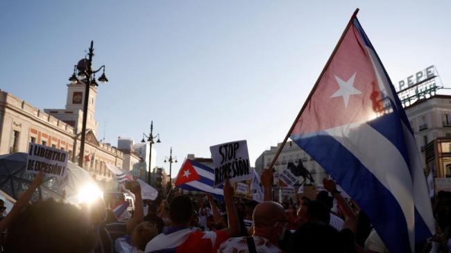 Manifestación contra el régimen cubano en la Puerta del Sol, Madrid.