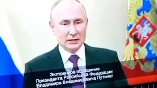 Imagen del discurso falso de Vladimir Putin emitido por televisoras locales de Rusia.