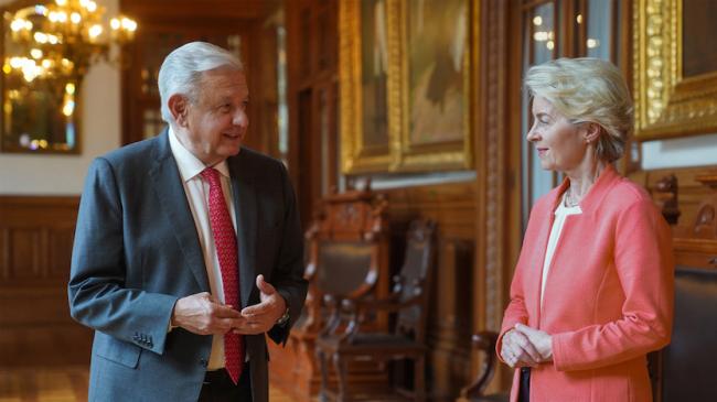 Andrés Manuel Lopez Obrador en reunión con Ursula von der Leyen, presidenta de la Comunidad Europea.