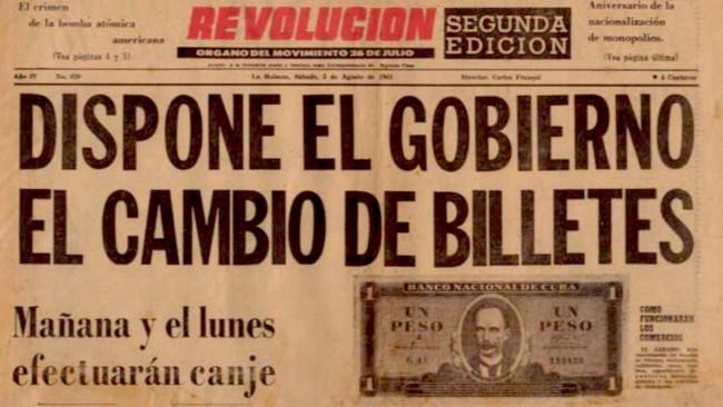 Primera plana del diario 'Revolución', que anunciaba el canje de billetes en agosto de 1961.