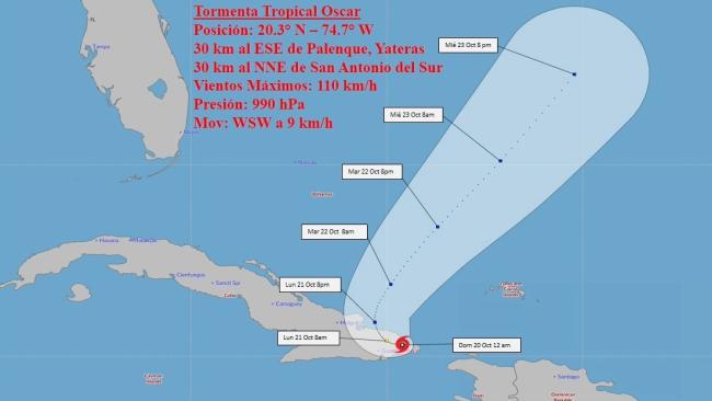 Trayectoria de Oscar, convertido en tormenta tropical, este lunes.