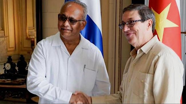 Albert Ramdin (izq.) y el canciller del régimen cubano, Bruno Rodríguez.