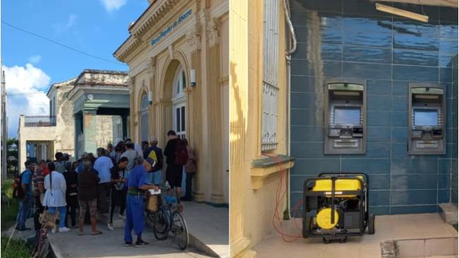 Clientes esperando ante el BPA de Caibarién y una planta eléctrica junto a una ventana.