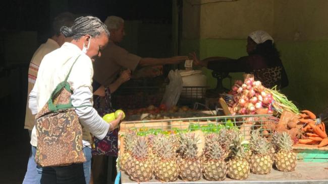 Una mujer acude a comprar a un puesto de productos del agro.