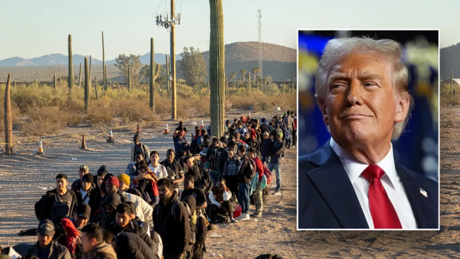 Migrantes en la frontera y una imagen de Donald Trump.