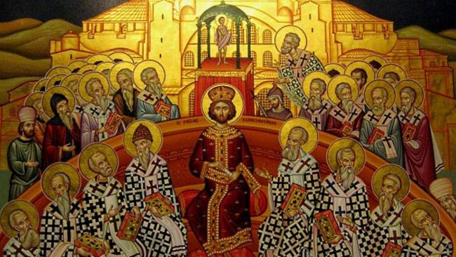 Ícono que representa el Concilio de Nicea. Al centro, el emperador Constantino.