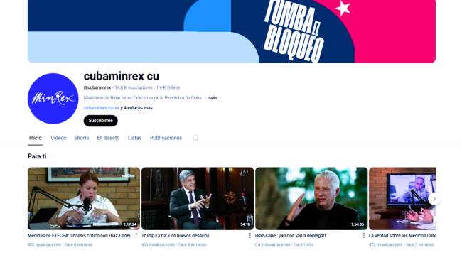 Captura de pantalla del canal del MINREX tras ser recuperado.