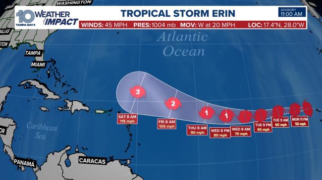 Trayectoria prevista de la tormenta tropical Erin.