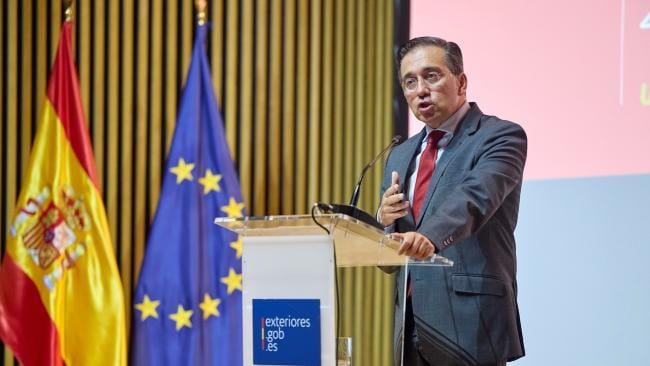 El canciller español, José Manuel Albares, al presentar la Estrategia de Acción Exterior de España 2025-2028.