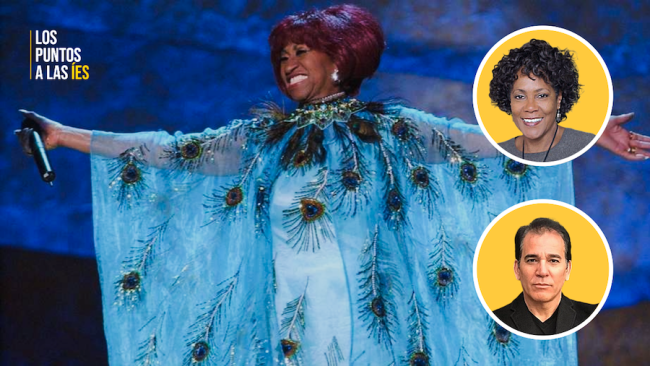 La musicógrafa Rosa Marquetti y el realizador Ernesto Fundora sobre una imagen de Celia Cruz.