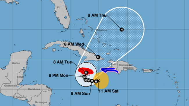 Ubicación y posible trayectoria de la tormenta tropical Melissa.