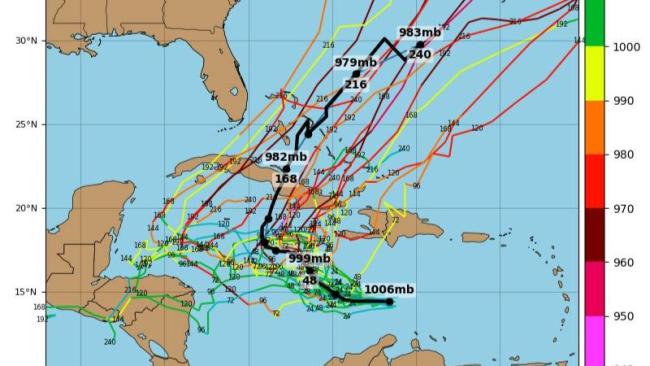 Modelo con trayectorias más preocupantes de Melissa sobre Cuba.