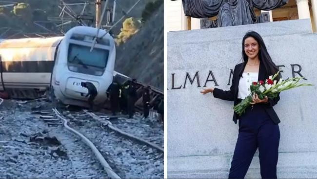 Daniela Artega Martínez y uno de los trenes accidentados.