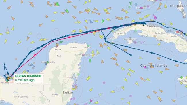 Ruta del petrolero Ocean Mariner, que llegará a La Habana el 8 de enero.