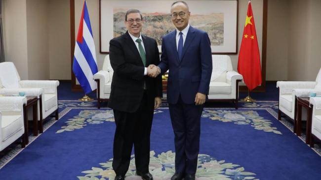El canciller cubano y el , director de la Agencia China de Cooperación Internacional para el Desarrollo.