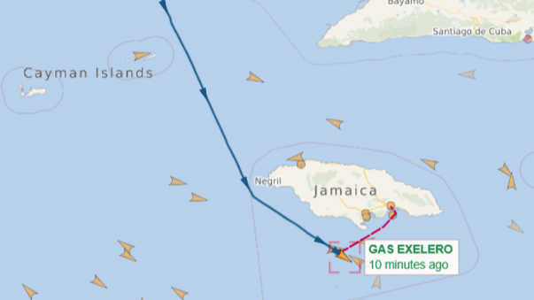 Ruta del buque que partió de Cienfuegos rumbo a Jamaica.