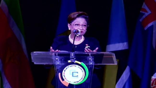 La primera ministra de Trinidad y Tobago, Kamla Persad-Bissessar, durante su intervención en el CARICOM.