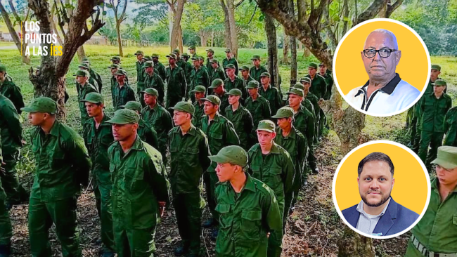Raúl Risco Pérez, exmilitar y exprisionero político, y José M. González Rubines, codirector de CubaxCuba. De fondo, jovenes cubanos en el Servicio Militar.