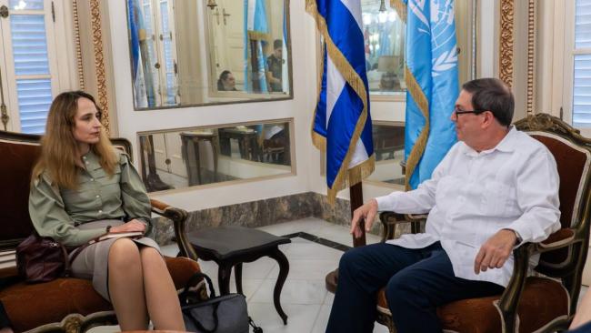 La relatora de la ONU Alena Douhan con el canciller cubano, Bruno Rodríguez.