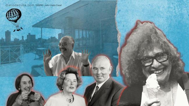 De izq a der.: Carole Rosenberg, Irene y Peter Ludwig, Sandra Levinson. Arriba, Helmo Hernández. De fondo, la sede de la Fundación Ludwid de La Habana.