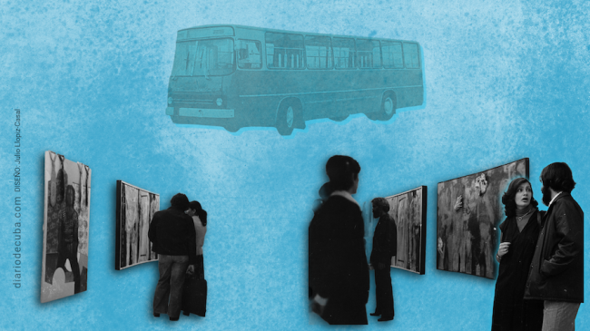Collage a partir de vistas de la inauguración de la exposición 'Volumen I' y guagua Girón  
