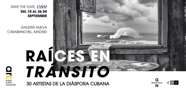 Cartel de la muestra 'Raíces en tránsito: 30 artistas de la diáspora cubana'.