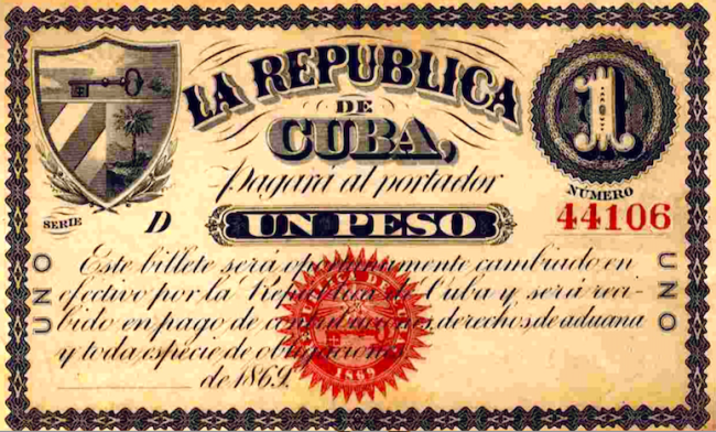 Un peso emitido por la República de Cuba en Armas, 1869.
