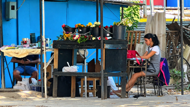 Una cubana vendedora flores en Alamar, La Habana.