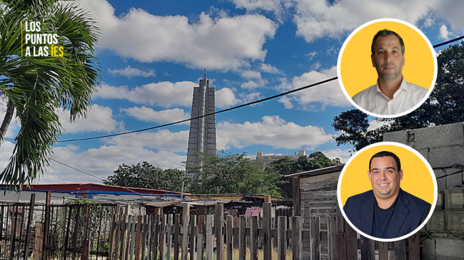 Los juristas Edel González Jiménez y Raudiel Peña Barrios. De fondo, la Plaza de la Revolución vista desde un barrio pobre de La Habana.