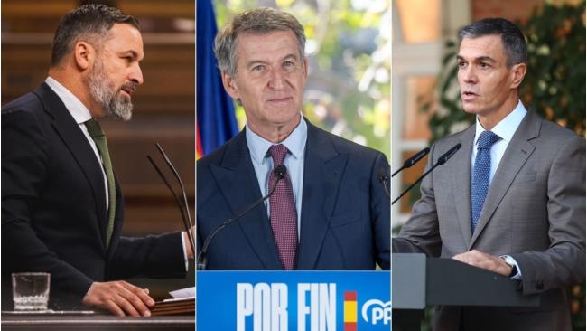 Los líderes opositores Santiago Abascal (Vox) y Alberto Núñez Feijóo (PP), y el presidente del Gobierno español, Pedro Sánchez (PESOE)
