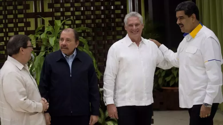 El canciller de Cuba, Bruno Rodríguez, junto a Daniel Ortega, Miguel Díaz-Canel y Nicolás Maduro.