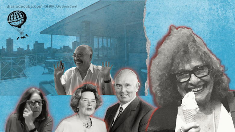 De izq a der.: Carole Rosenberg, Irene y Peter Ludwig, Sandra Levinson. Arriba, Helmo Hernández. De fondo, la sede de la Fundación Ludwid de La Habana.