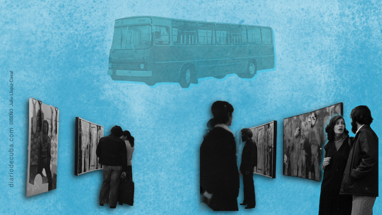 Collage a partir de vistas de la inauguración de la exposición 'Volumen I' y guagua Girón  