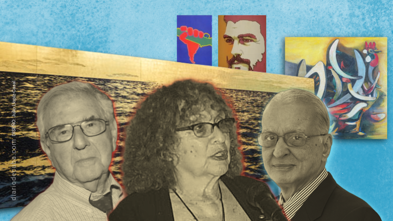 De izq. a der., Alex J. Rosenberg, Sandra Levinson y Ramón Cernuda. De fondo, obras de Yoan Capote, Mariano Rodriguez y carteles de la OSPAAAL.  