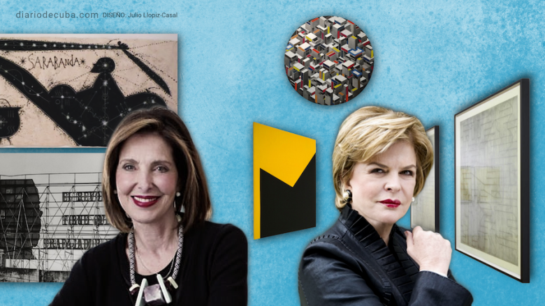 De izq. a der.: Nina Menocal y Ella Fontanals-Cisneros. Detrás, obras de Arturo Cuenca, José Bedia, Carmen Herrera, René Francisco Rodríguez y Gustavo Pérez Monzón.