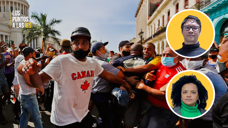 Los activistas Yunior García Aguilera y Yanely Núñez Leyva. De fondo, las protestas del 11 de julio de 2021.