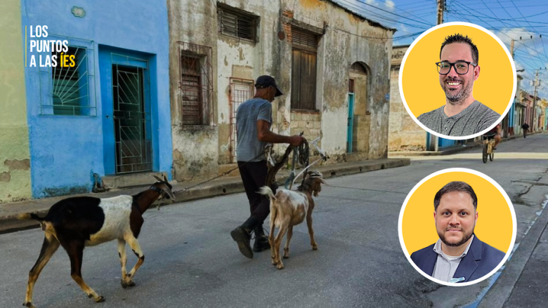 El abogado Eloy Viera y el periodista José M. González Rubines. De fondo: Un hombre traslada dos cabras en Camagüey.