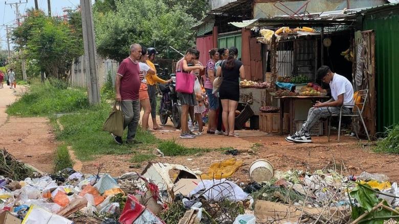 Un basurero frente a un puesto de venta de productos del agro en la Lisa.
