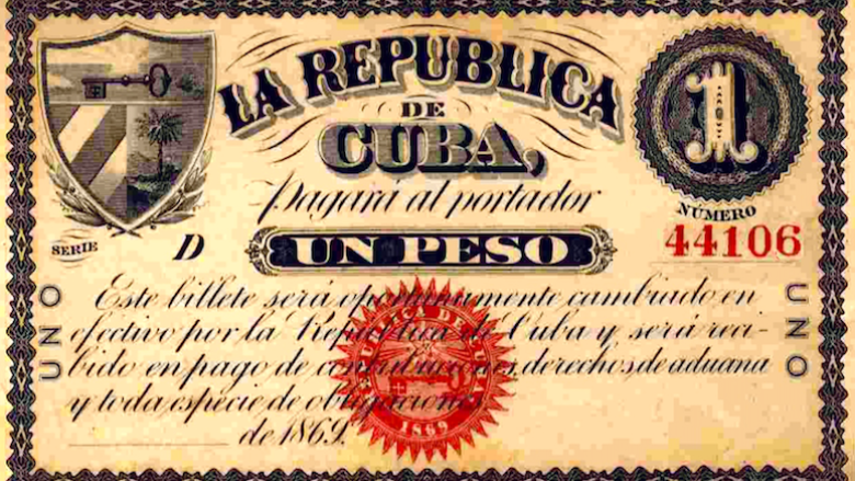 Un peso emitido por la República de Cuba en Armas, 1869.